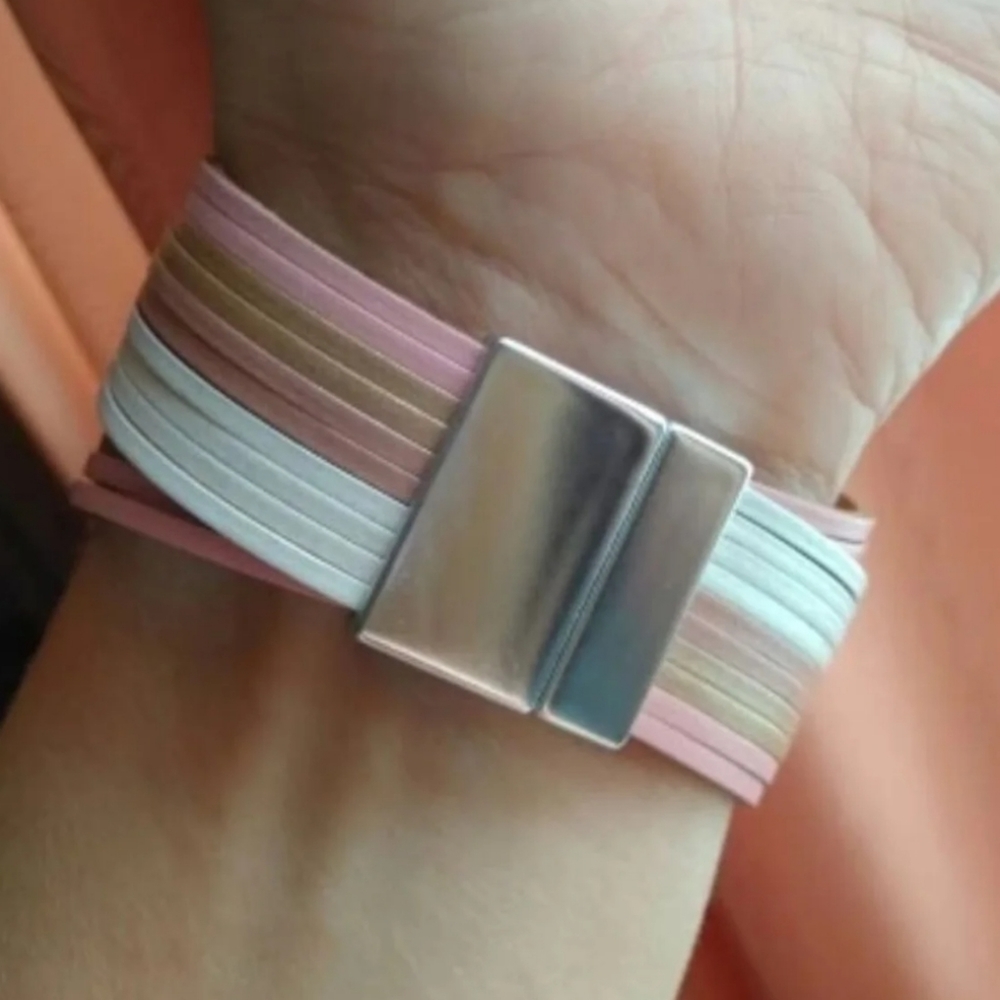 Vegan Leather Pink Multilayered Bracelet/Cuff - Picture 3 of 3